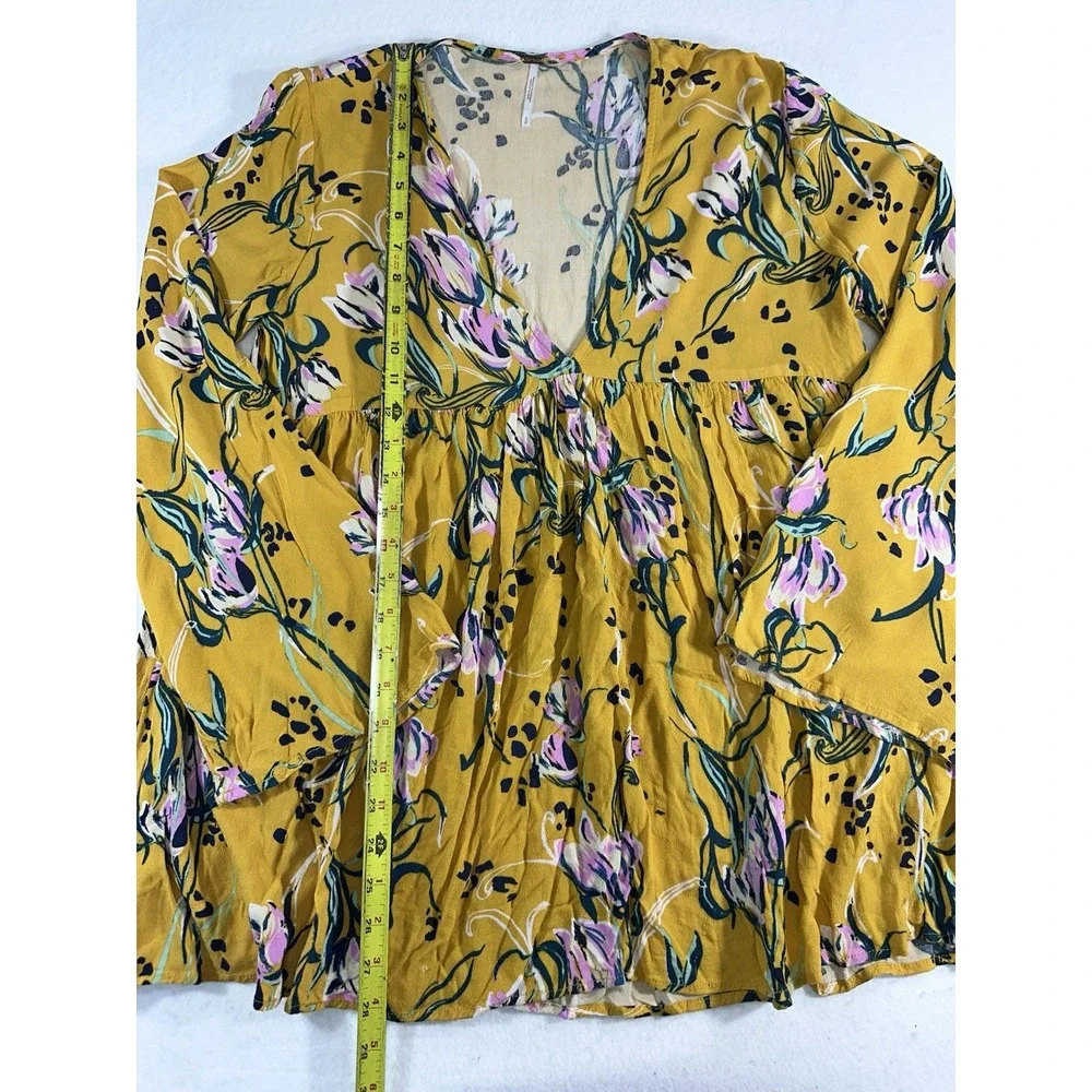 Free People Tunic Top Womens S Yellow Floral Boho Oversized Bell Sleeve Rayon